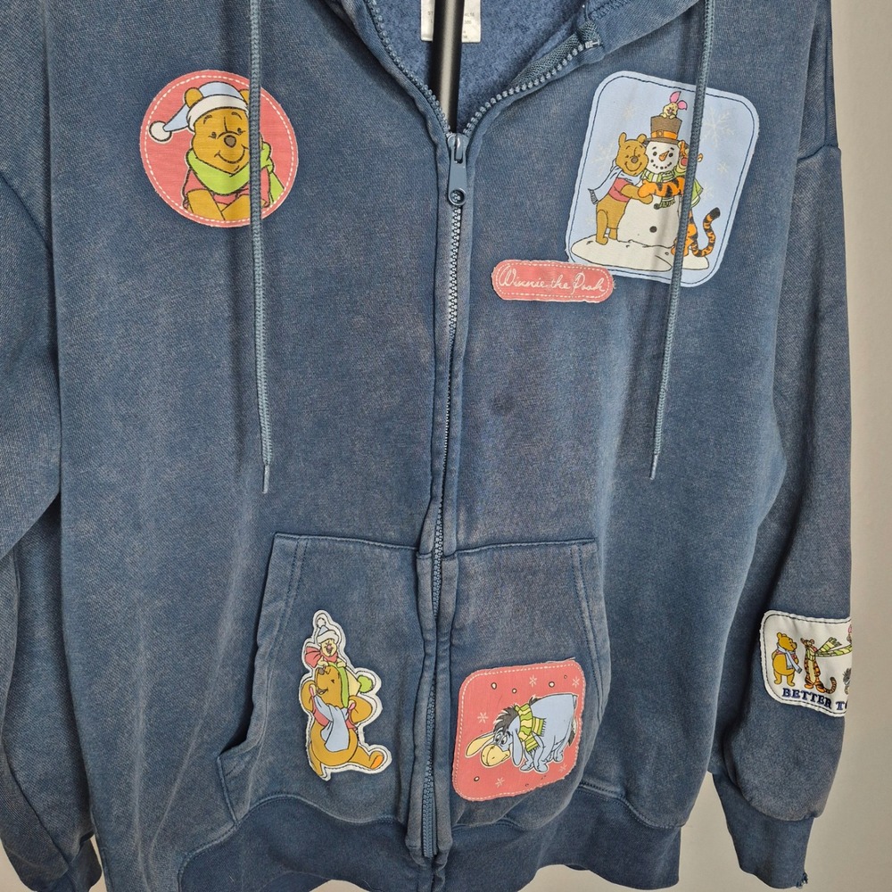 Disney Winnie the Pooh Navy Mineral Wash Zip Hoodie Patch Tigger Piglet Eeyore - Picture 2 of 8